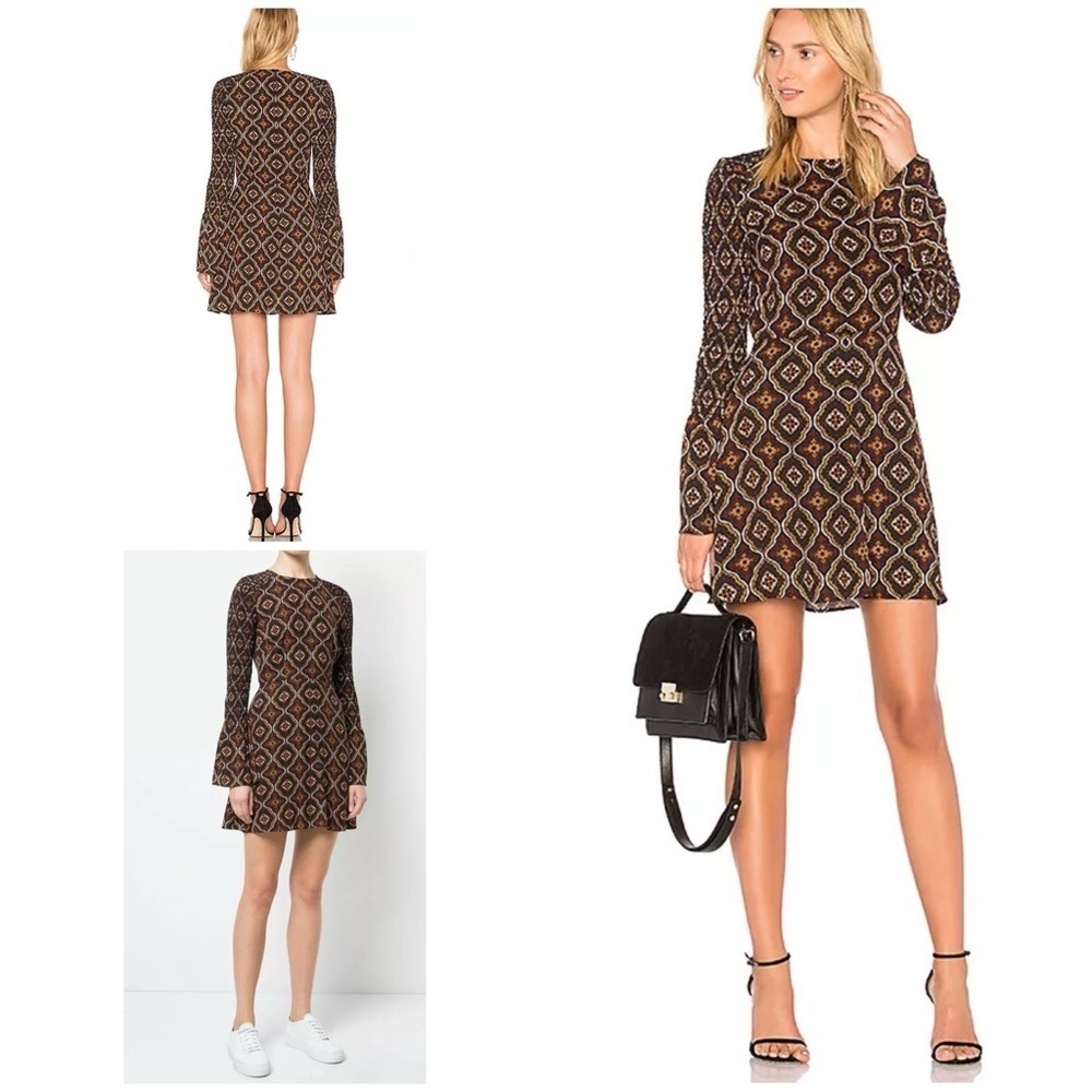 A.L.C. Burgundy Gold Print Alexa 100% Silk A-Line Smocked Bell Sleeves Dress 6